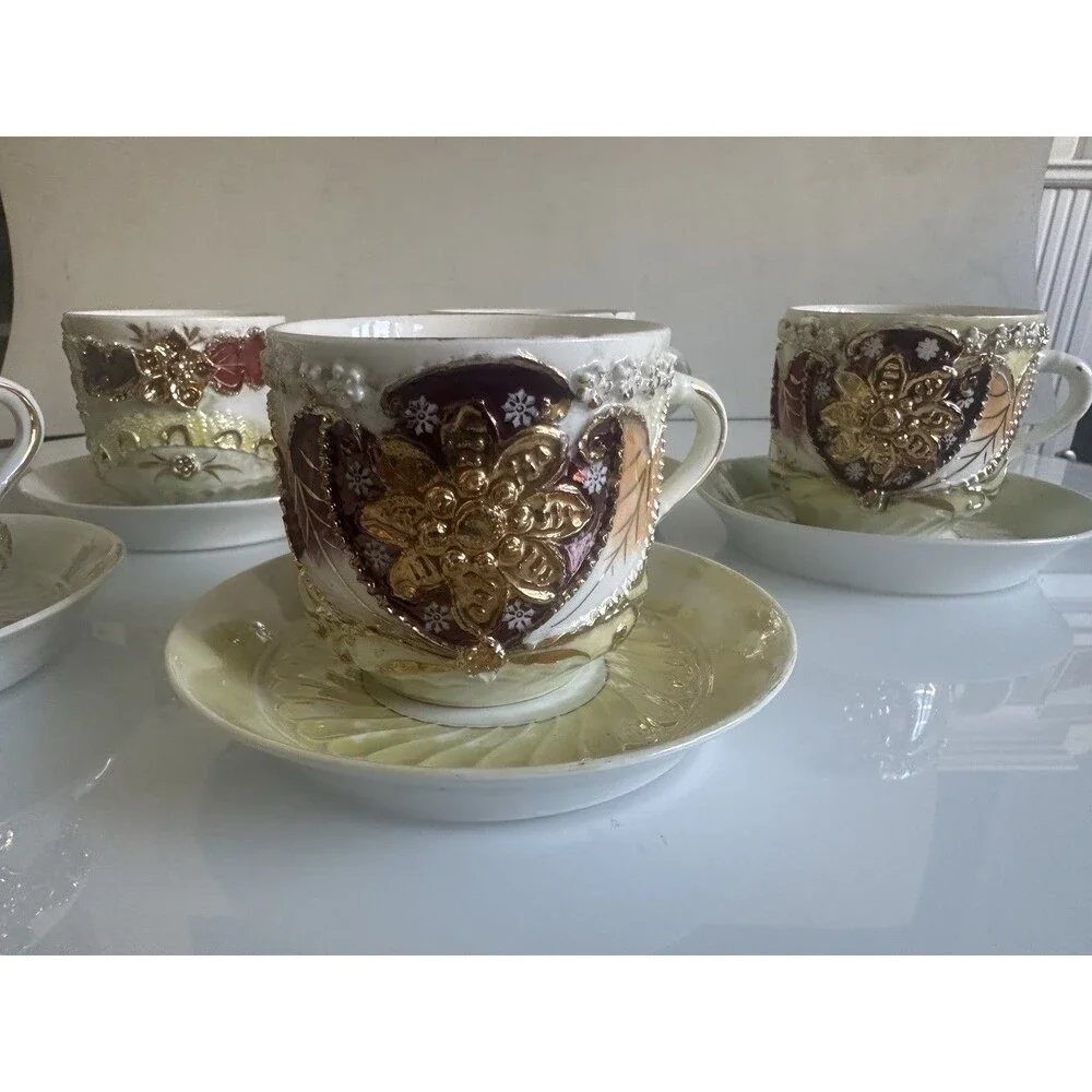 Unmarked Porcelain Floral Gold Trim 5 Cup & Saucer Sets Germany MPN 28